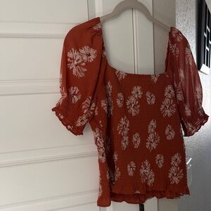 Madewell Rust Floral Smocked Square-Neck Blouse